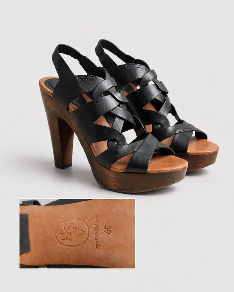 Sandalias de piel negra con plataforma de madera - ASH