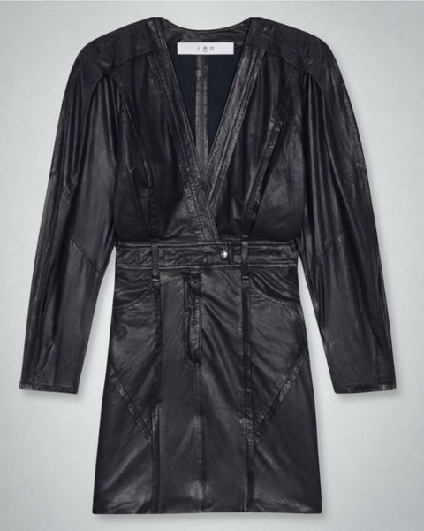 Primer plano: Vestido de cuero negro de IRO Paris, talla L/40.
