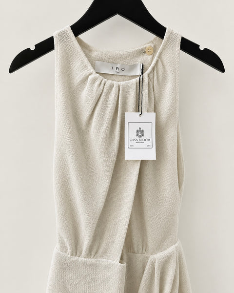 Vestido IRO PARIS blanco sin mangas con cinturón y volante asimétrico, talla XS