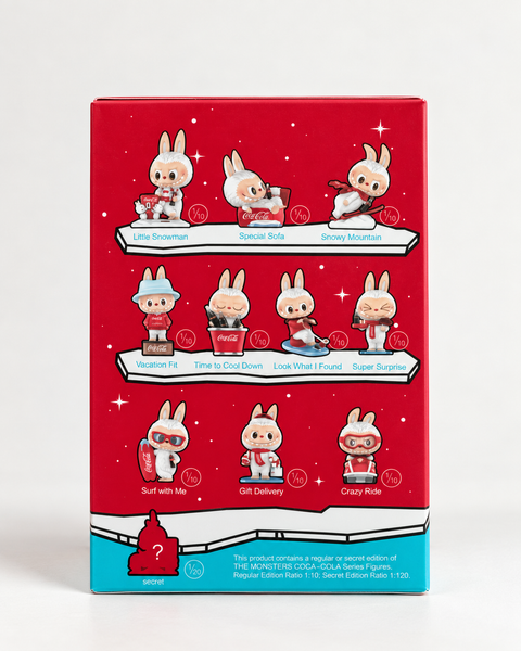 Figura de colección LABUBU de la serie THE MONSTERS × Coca-Cola, de POP MART × HOW2WORK, vista trasera con visual de varias figurinas.