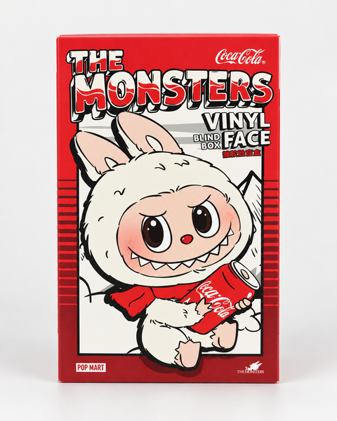 Caja roja de LABUBU THE MONSTERS COCA-COLA Series Vinyl Face Blind Box de POP MART, vista frontal.
