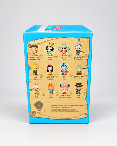 Diseños de la colección THE MONSTERS × ONE PIECE representados en el lateral de la caja.