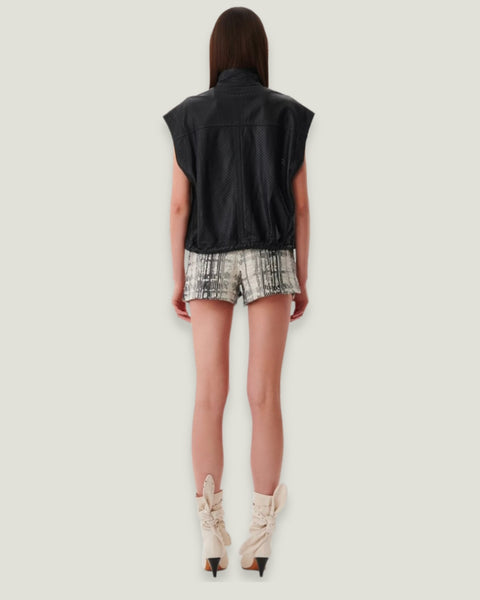 Chaqueta nueva sin mangas IRO PARIS de piel negra microperforada, vista trasera.
