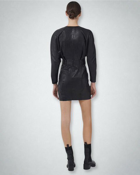 Vista trasera: vestido de cuero negro de IRO Paris.