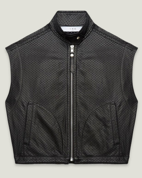 Chaqueta nueva sin mangas IRO PARIS de piel negra microperforada, talla L/40.
