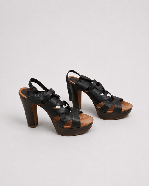 Sandalias de piel negra con plataforma de madera - ASH